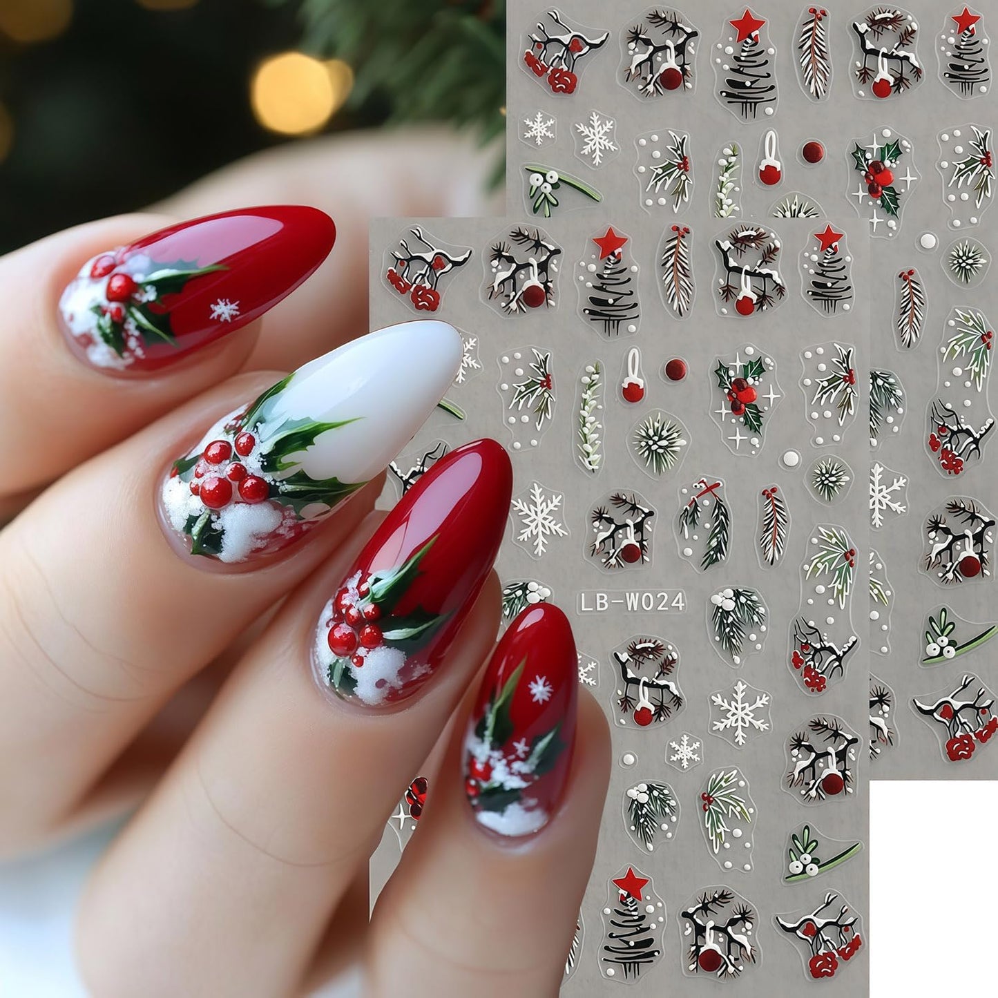 Christmas Nail Stickers 4 Sheets Christmas Nail Art Stickers, 5D Embossed Self-Adhesive Winter Leaves Snowflake Christmas Tree Flower Nail Decals Pattern Design DIY Holiday Nails Decoration for Women
