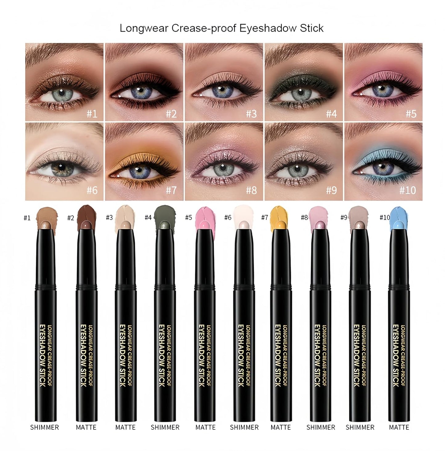 MAEPEOR 10 Colors Cream Eyeshadow Stick Silky Smooth Matte Shimmer Eyeshadow Pen Waterproof and Long Lasting Shadow Pencil for Girls and Women (Color 09)