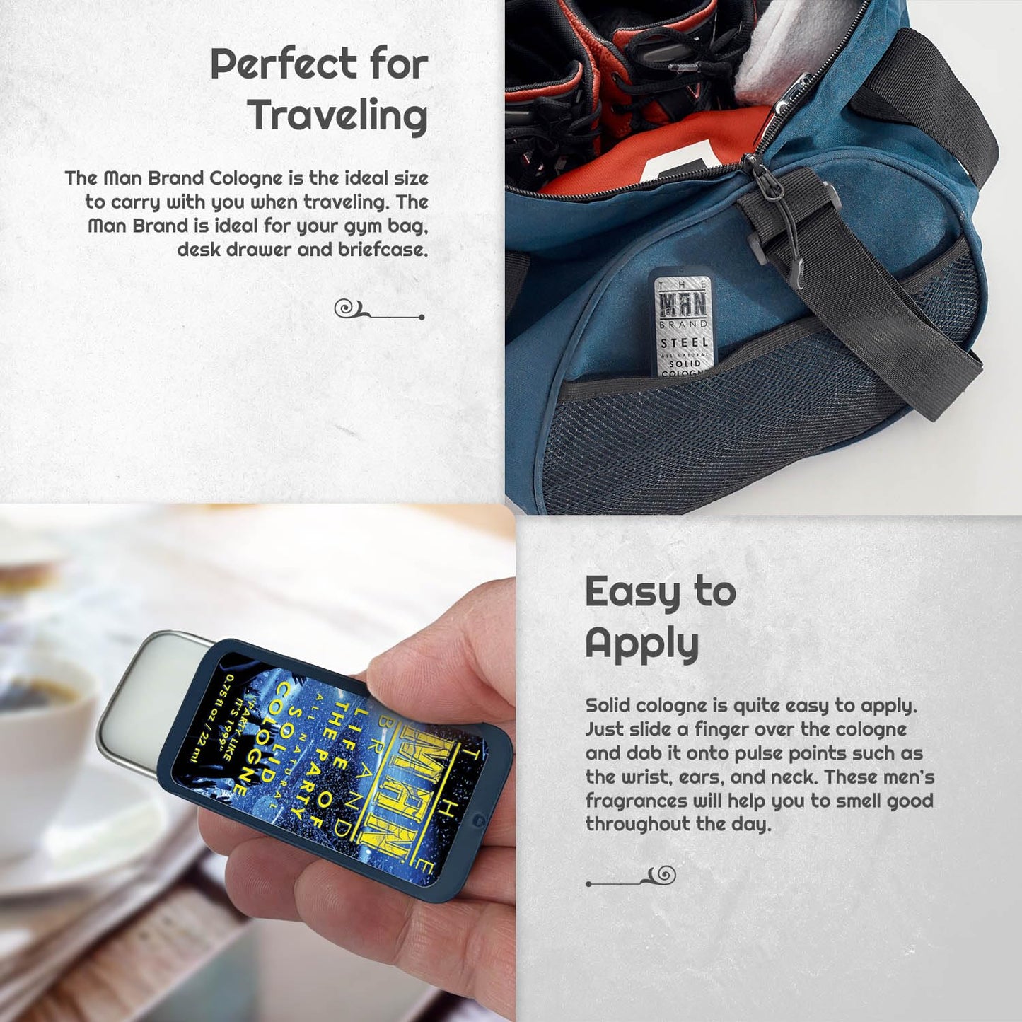 Solid Cologne Sample Set with Aspen Solid Perfume, Woodsman Solid Cologne, Steel, and Life of the Party Cologne - (Fellowship Solid Cologne Man Sampler Pack - 4 Pack - 0.75 oz each)