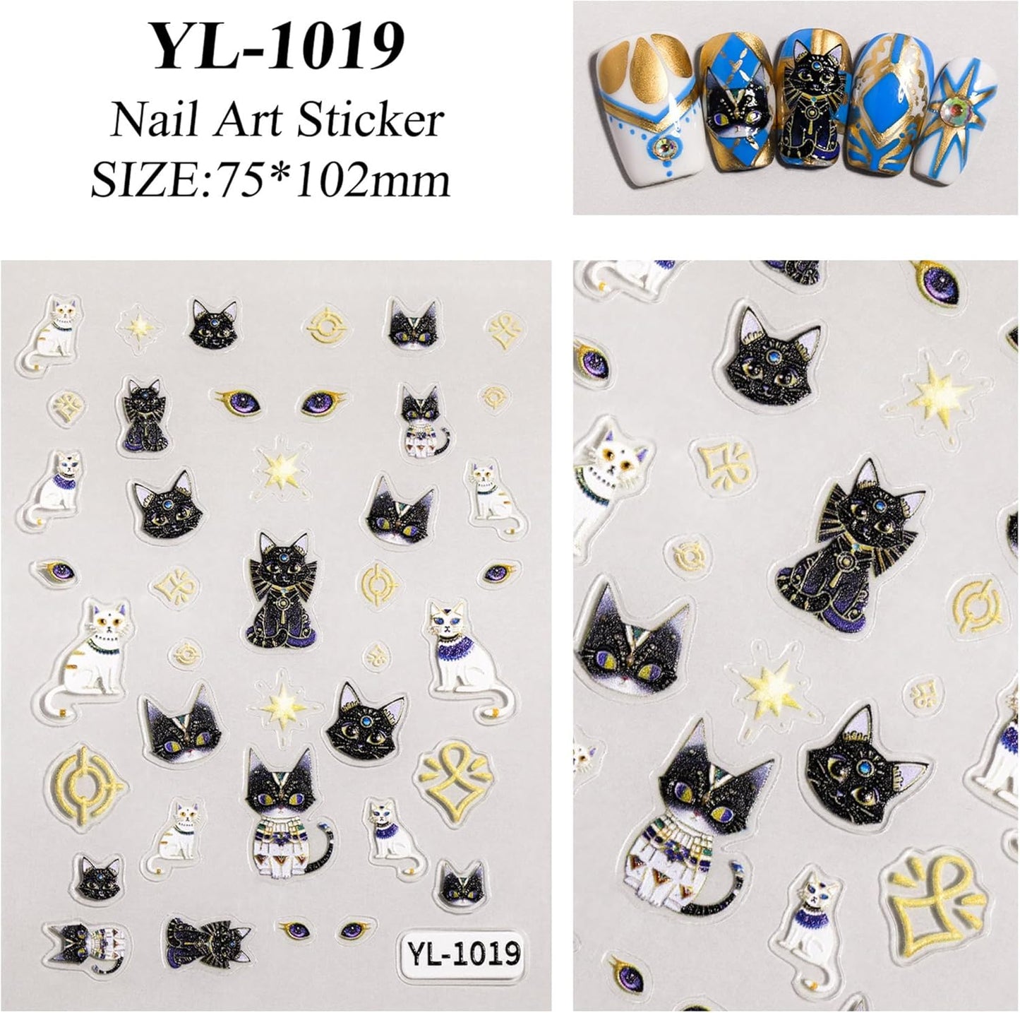 5D Egyptian Cat Nail Art Stickers, Embossed Nail Decals Supplies Self Adhesive Nails Sticker DIY Acrylic Nail Accessories - 2 Sheets
