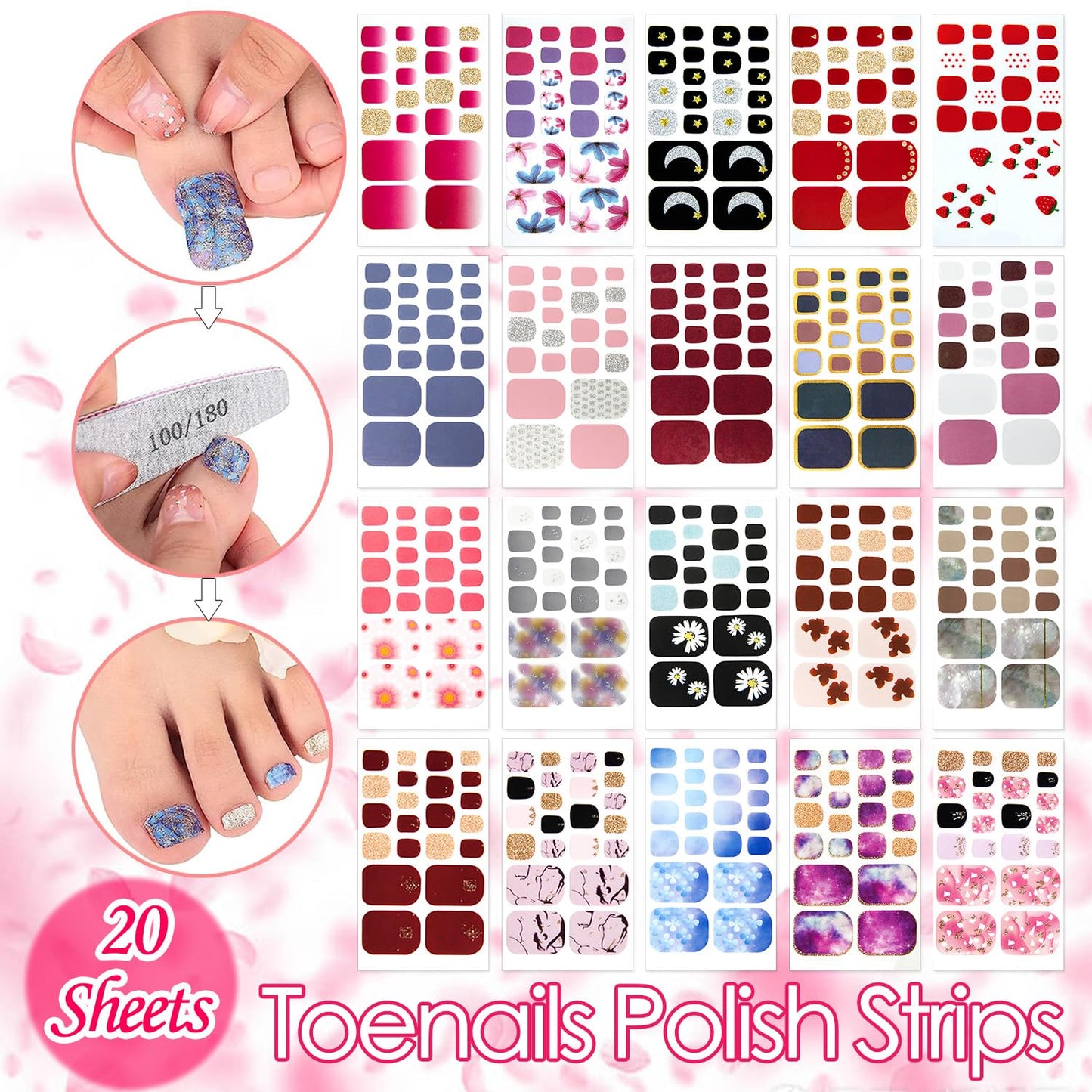 SILPECWEE 20 Sheets Adhesive Toenail Polish Wraps Stickers Flower Marbling Toe Nail Strips Decals for Toes Manicure Accessories for Women 1Pc Nail File