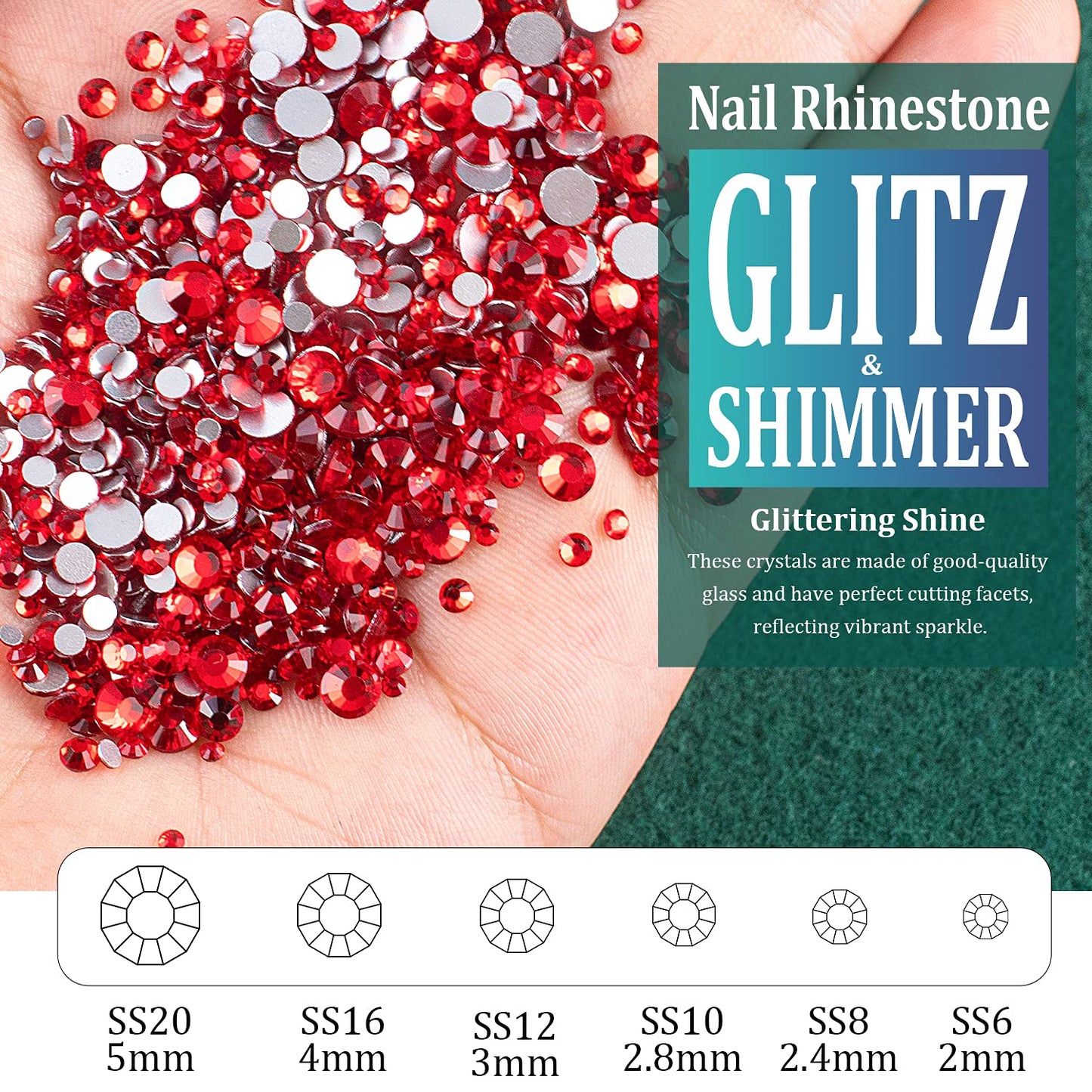 6 Sizes Red Glass Crystal Kit with Pickup Pen + Tweezer Tools for Shine Nail Art Manicure Makeup DIY Decoration Flatback Round Rhinestone Gem Jewelry Diamond