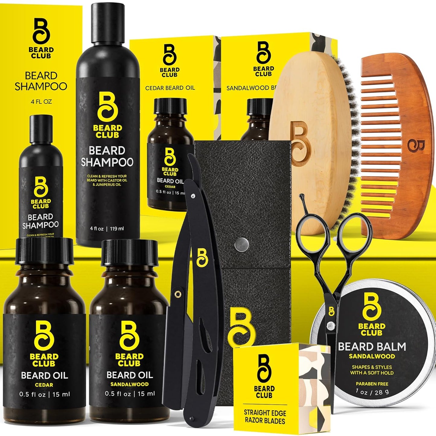 The Beard Club Premium Beard Kit for Men - Grooming & Care Kit - Cedar & Sandalwood Oil, Sandalwood Balm, Shampoo, Brush, Comb, Trimming Scissors, Straight Edge Razor - Dad Gift Set