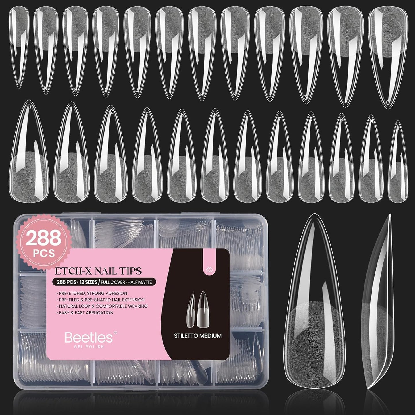 Beetles Gel Nail Tips Etch-X, Stiletto Medium, 288Pcs 12 Sizes, Pre-Etched Half Matte Full Cover Soft Acrylic False Nail Tips Pre-Shaped Easy DIY Fall Halloween Nail Extension Salon Gift for Women