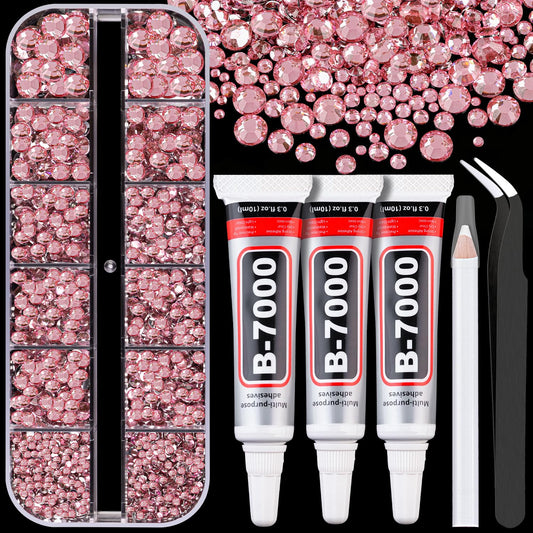Resin Rhinestones for Crafting with B7000 Jewelry Glue, 1 Box Dark Pink Flatback Crystals with 3Pcs 10ml Glue for Bedazzling Crafts DIY Nail Art Makeup，Non Hotfix Gems for Clothing Shoes