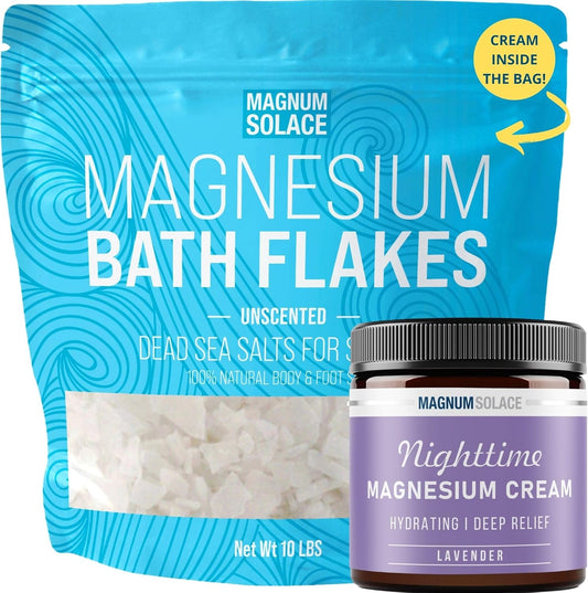 Magnesium Flakes for Bath 10 LBS, Plus Nighttime Magnesium Cream - Inside The Bag, Lavender