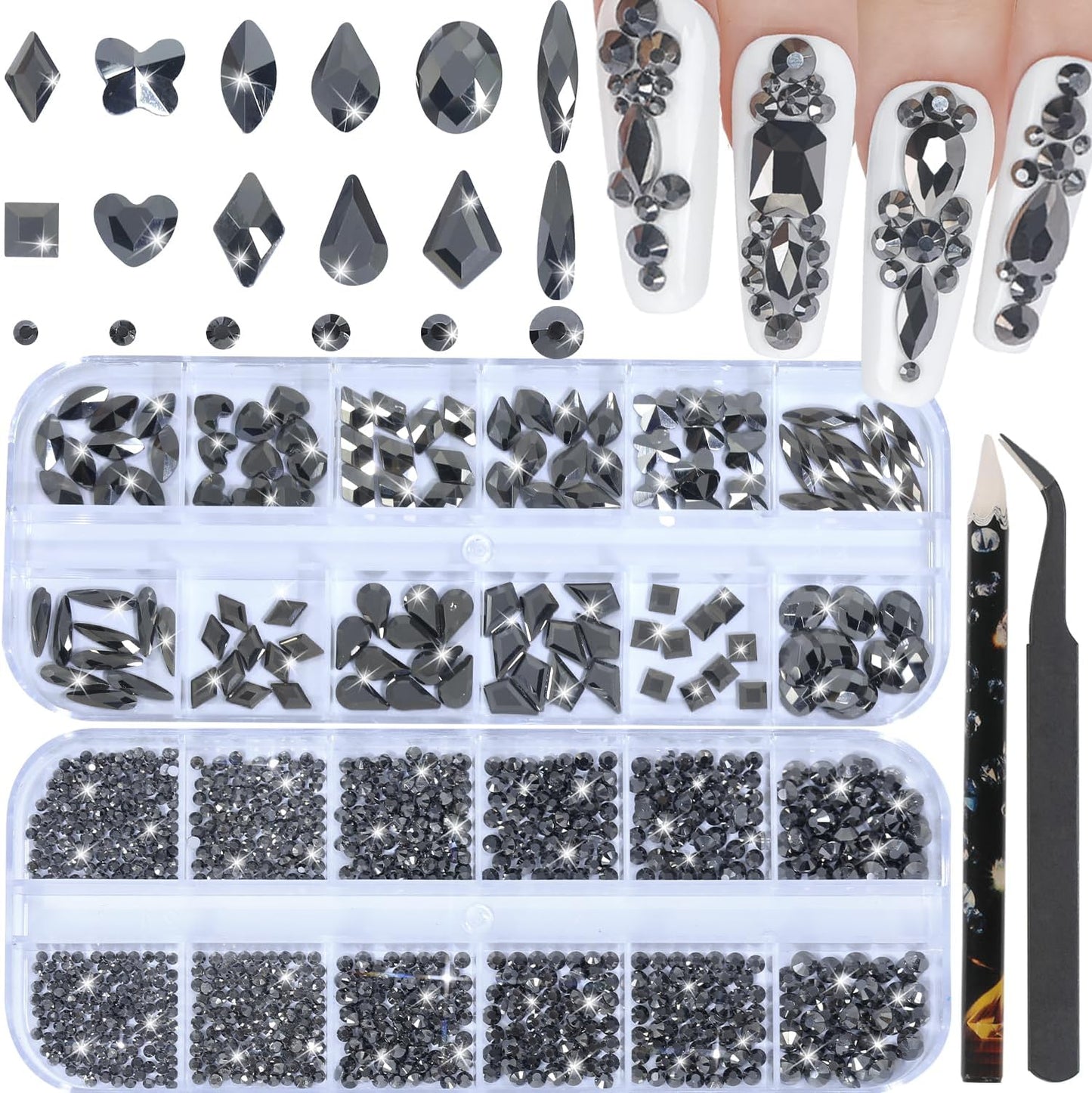 Nail Rhinestones - 3D Multi Shape Size, Flat Back, Crystals Manicure Rhinestones Charms, Mineral Gray Nail Gems, with Kit, for Nail Art, Bedazzling Acrylic Nails, DIY Decor