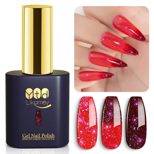 YTD Likomey Color Changing Gel Nail Polish,15ml Red To Burgundy Shimmer Brocade Glitter Mood Temperature Change Colors Iridescent Flakes,Ombre Thermal Fall Winter UV Varnish,WB350
