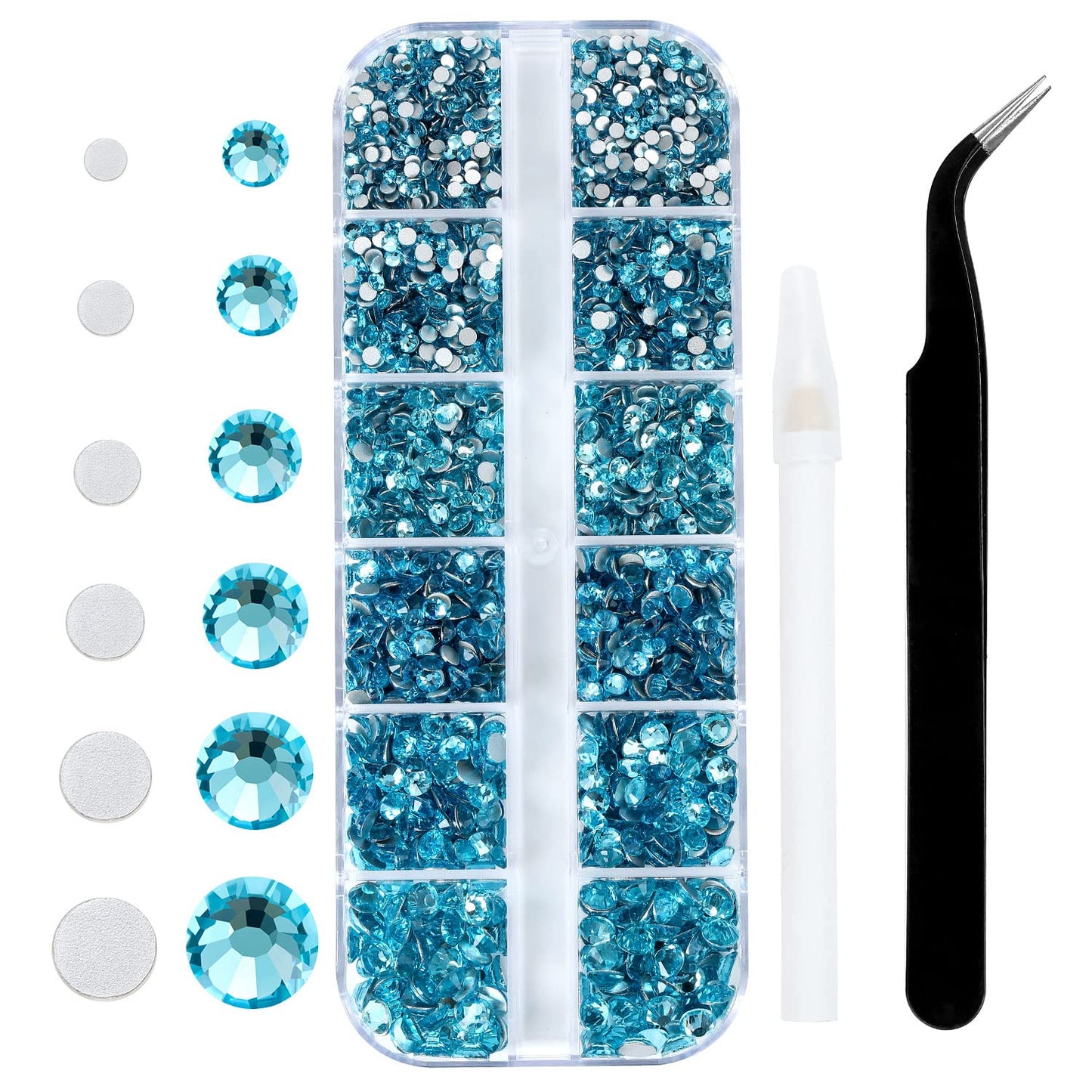 4240Pcs Aquamarine Flatback Rhinestones 6 Sizes Crystal Diamonds for Nail Art Crafts Clothes Shoes with Tweezers and Picking Pen