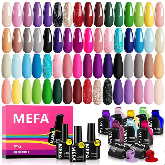 MEFA 35 Pcs Gel Nail Polish Set, 32 Colors All Seasons Collection Gel Nail Polish Set with Matte/Glossy Base Top Coat Manicure DIY Salon Home Decoration Beginners Gifts for Women