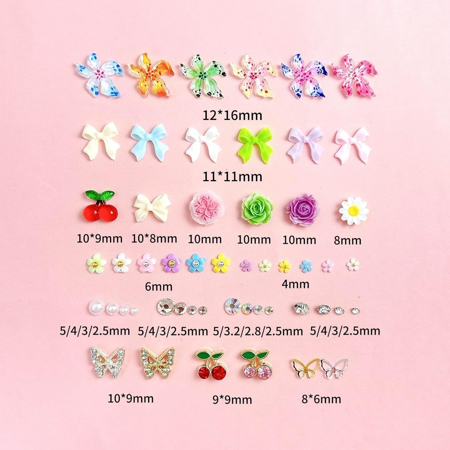 Flower Bow Nail Charms and Gems, 3D Resin Blossom Petals with Caviar Beads Charms for Nails Design，Flatback Pearl Charms Cherry Butterfly Rhinestone Nail Charms for Manicure DIY