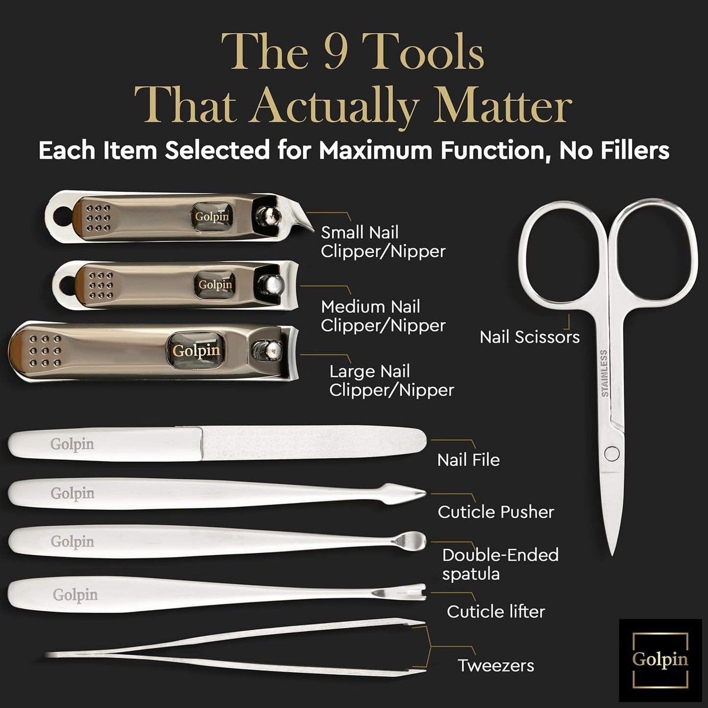 9 Pcs Manicure Kit for Men & Women – Stainless Steel Tools with Travel Nail Kit Case, Nail Clippers, Cuticle Pusher, File, Gift Ready Women & Mens Manicure Set (Black)