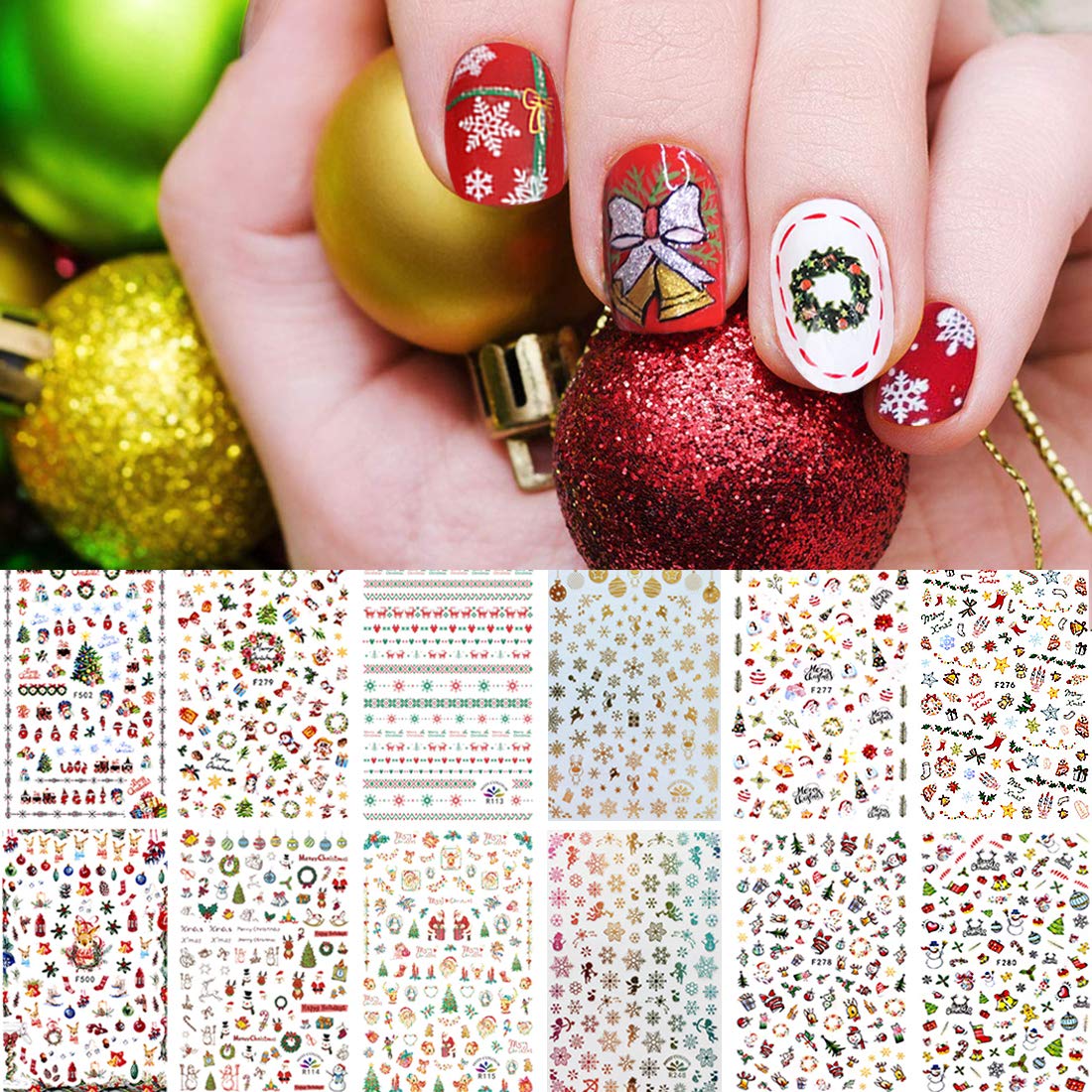 1000 Patterns Christmas nail art sticker decals, Kalolary Self-Adhesive Nail Stickers Santa Claus Snowflake Snowman Christmas Bell Tree Stick Elk for Christams Nail Decoration Gift(12 Sheets)