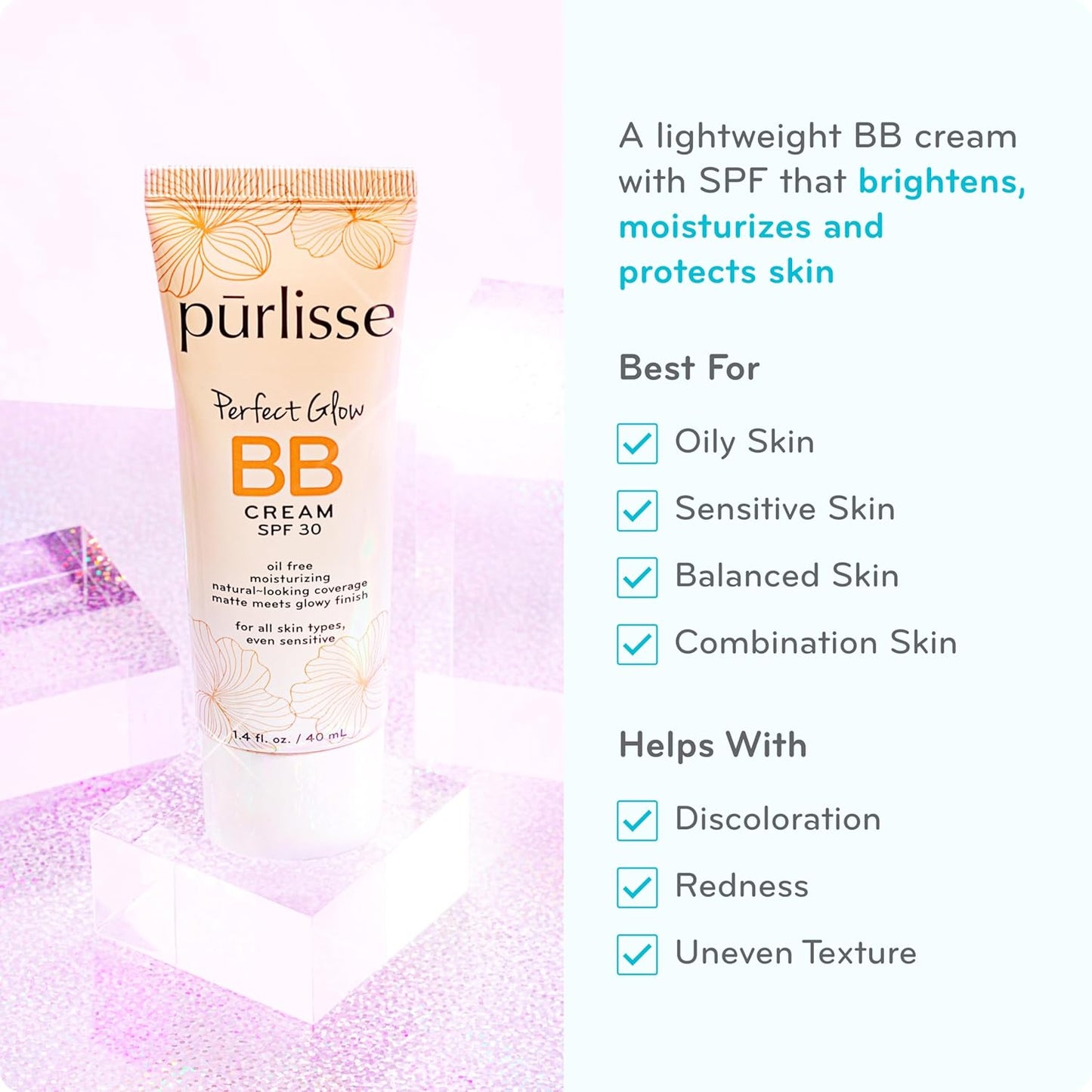 pūrlisse Perfect Glow BB Cream with SPF 30 - Matte Meets Dewy Finish - Enriched with Goji & Hawthorn Berry to Help Improve Skin Texture & Radiance - Medium Warm (1.4 oz)