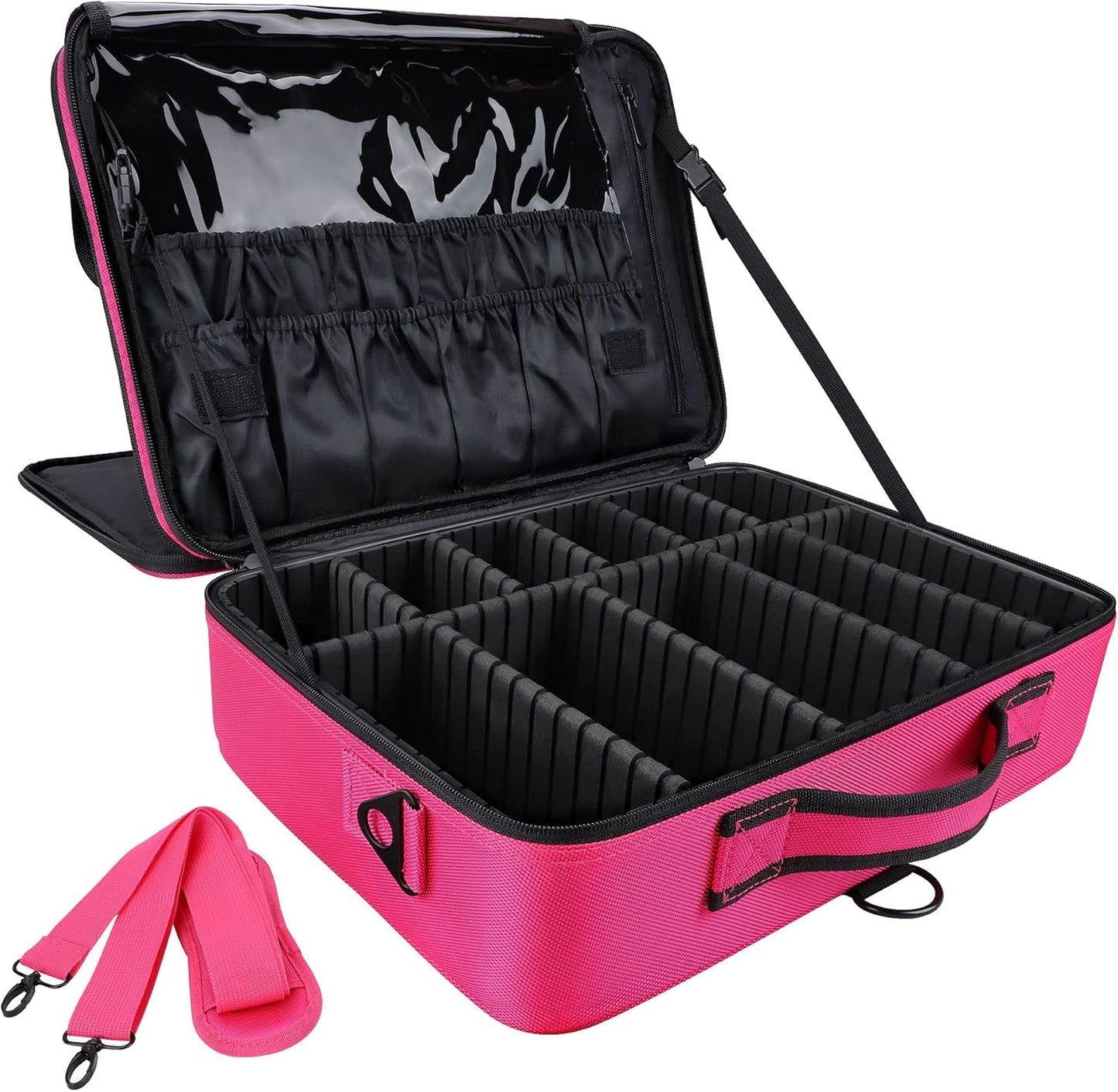 JOURMON Travel Makeup Case Portable Makeup Train Case Organizer Cosmetic Bag with Adjustable Dividers and Shoulder Strap for Makeup Brushes Toiletry Travel Accessories(Rose Red, L)