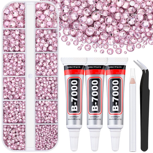 6000Pcs Resin Rhinestones for Bedazzling with 3Pcs B7000 Jewelry Glue, 1 Box Light Pink Flatback Rhinestones for Crafting Crafts DIY, Crystals Gems for Clothing Shoes Tumblers Nail Art Makeup