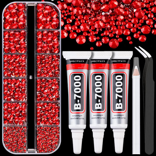 Resin Rhinestones for Crafting with B7000 Jewelry Glue, 1 Box Red Flatback Crystals with 3Pcs 10ml Glue for Bedazzling Crafts DIY Nail Art Makeup，Non Hotfix Gems for Clothing Shoes
