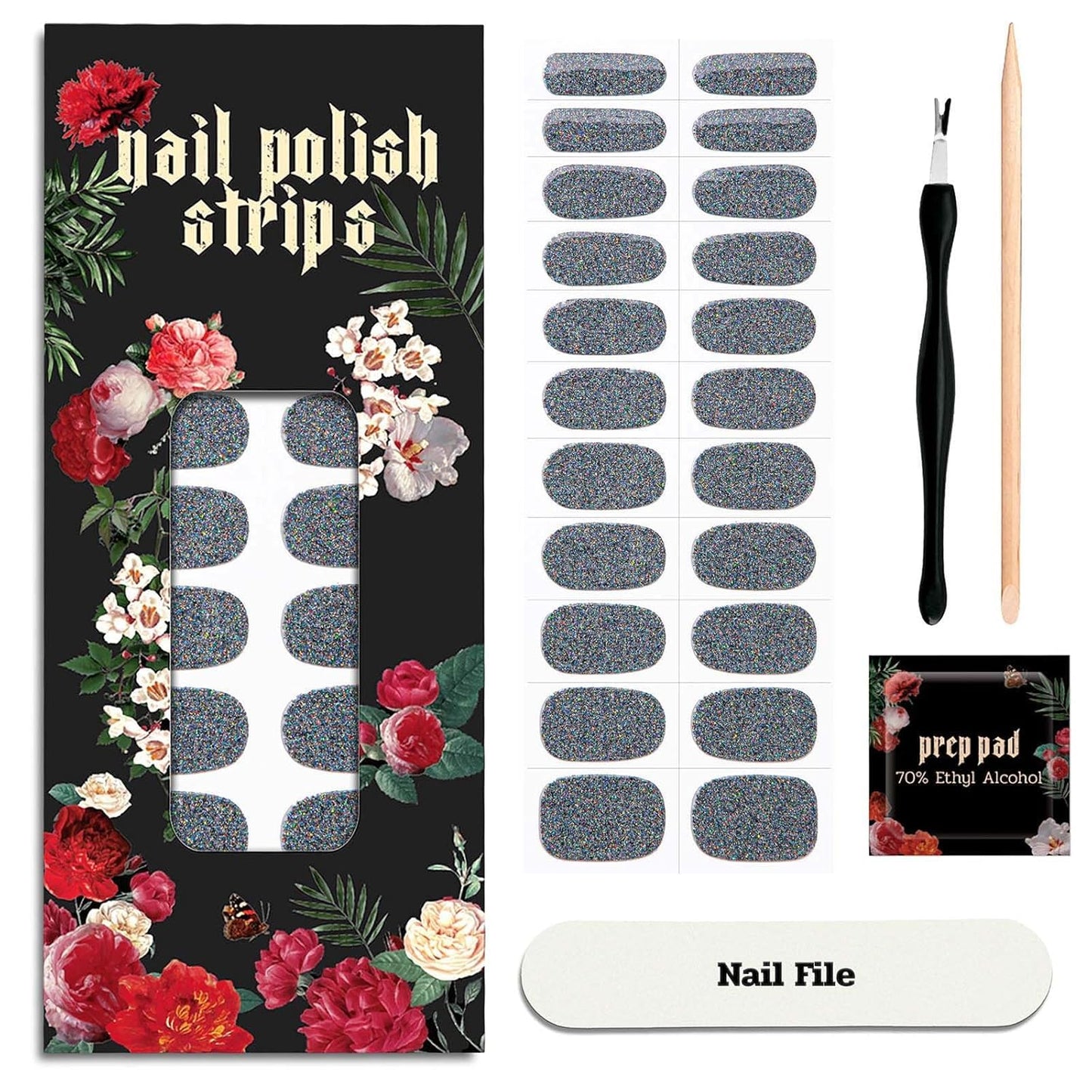 Nail Polish Strips - 22 Pcs Salon Quality Gel Nail Stickers - Long Lasting Wraps (Mystery Black Glitter)