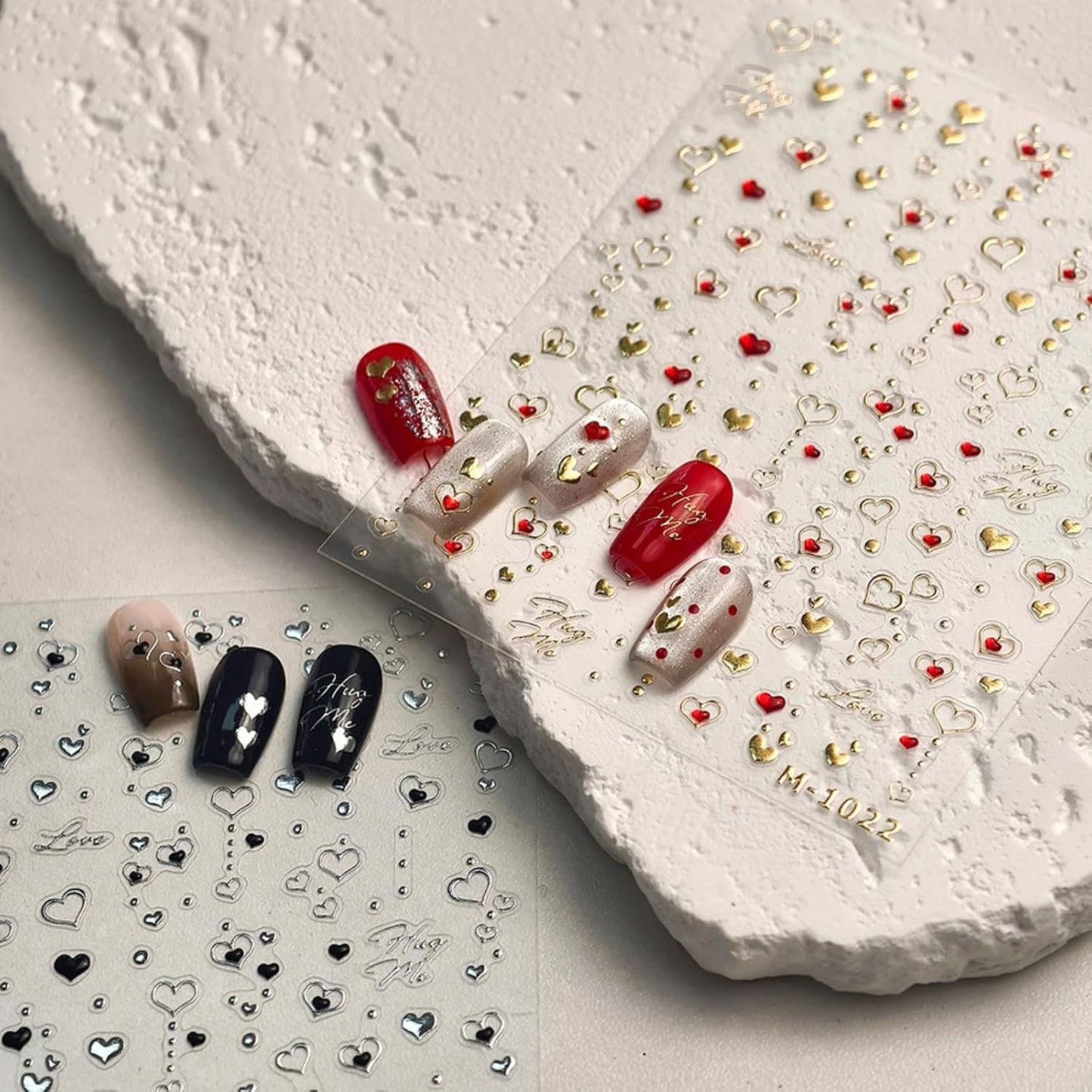 2 Sheets 5D Embossed Heart Nail Stickers 3D Self-Adhesive Red Black Hearts Love Nail Decals Golden Silver Hollowe Design Love Fall Valentines Day Nail Art for Women Girls DIY Manicure