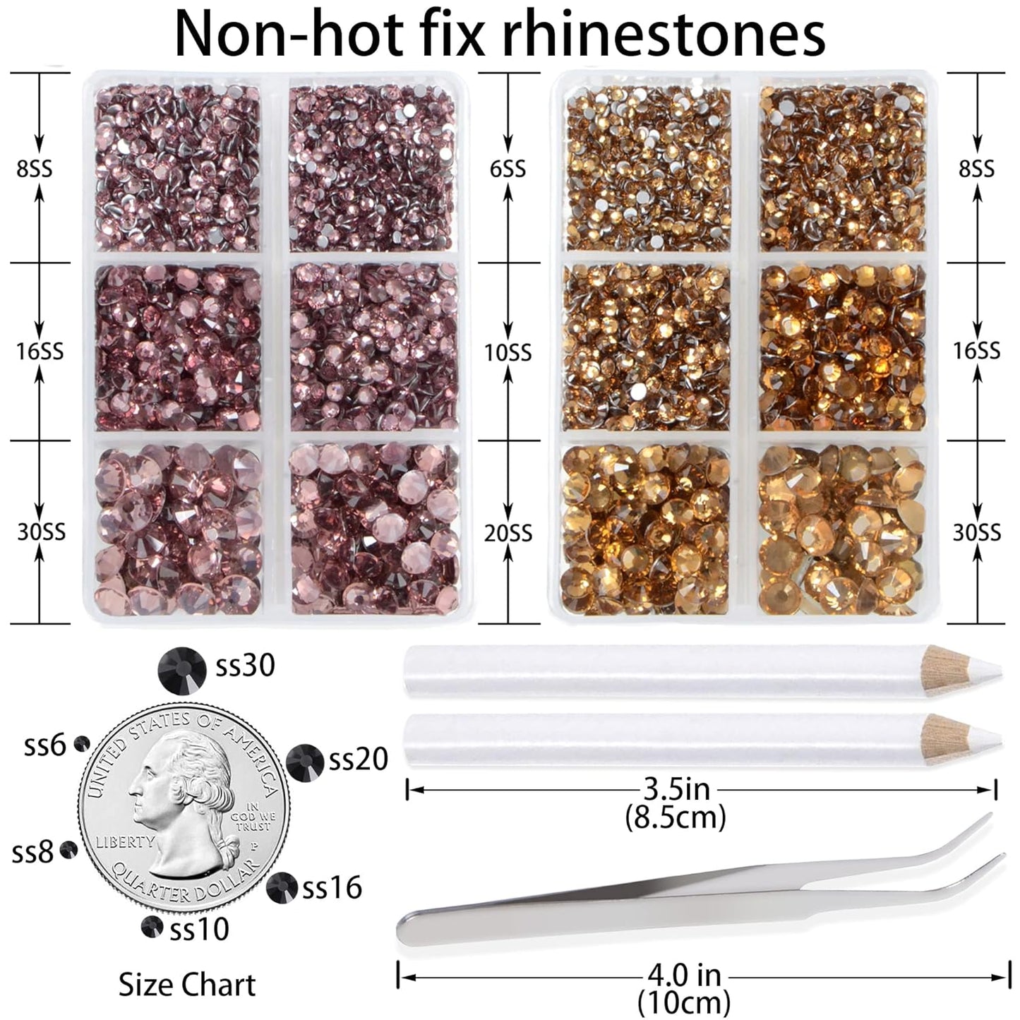 LPBeads 6000 Pieces Topaz and Lt Amethyst Non Hotfix Rhinestones 6 Sizes Round Crystal Glass Flat Back Rhinestones with Tweezers and Picking Pen for Nail Art Crafts Clothes Bags DIY
