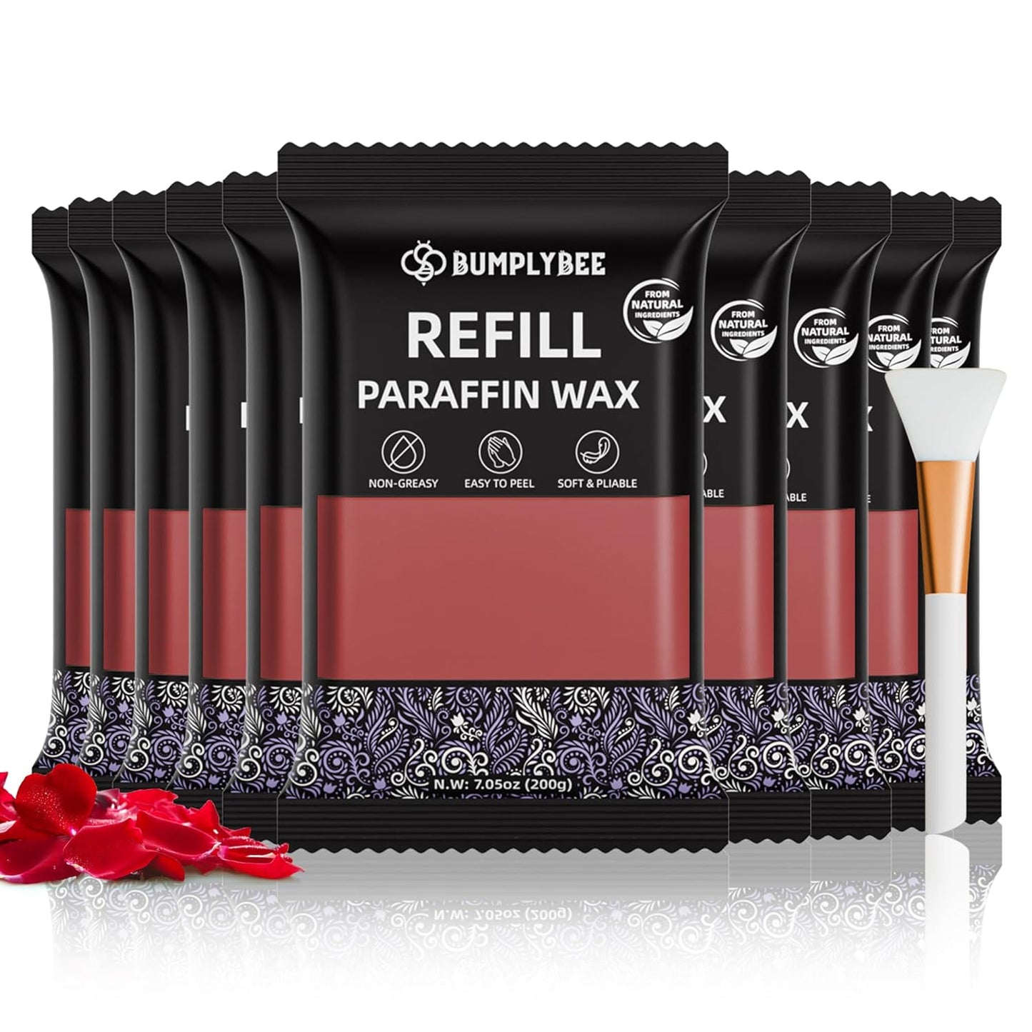 Paraffin Wax Kit - 10 Packs Rose Scent Refills with Silicone Brush - Non-Greasy, Easy-Peeling Wax for Hands & Feet, Skin Moisturizing