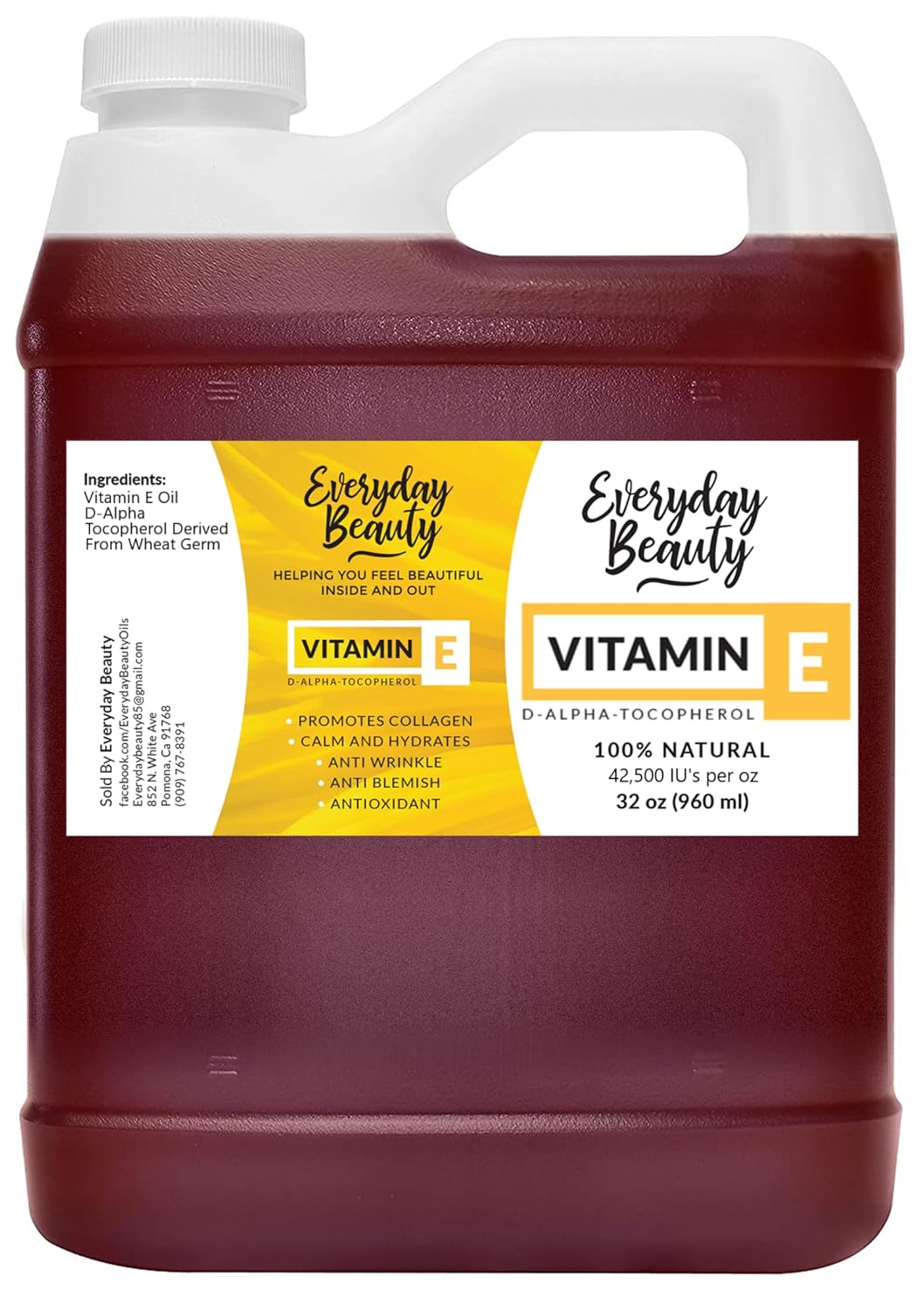 Pure Vitamin E Oil Bulk - 32 oz D-Alpha Tocopherol 100% Pure & All Natural 42,500 IU per oz - Not a Blend, Thick, Amber Color - from Wheat Germ - Face Body Hair - DIY Cosmetics & After Surgery Scars