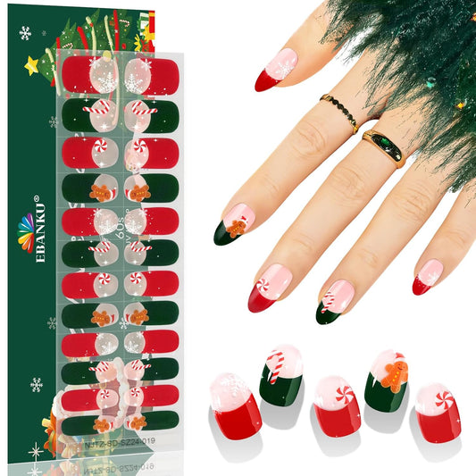 EBANKU 24PCS Semi-Cured Gel Nail Strips - French Snowflakes Candy Gingerbread Man Gel Nail Art Sticker Stickers with Nail File
