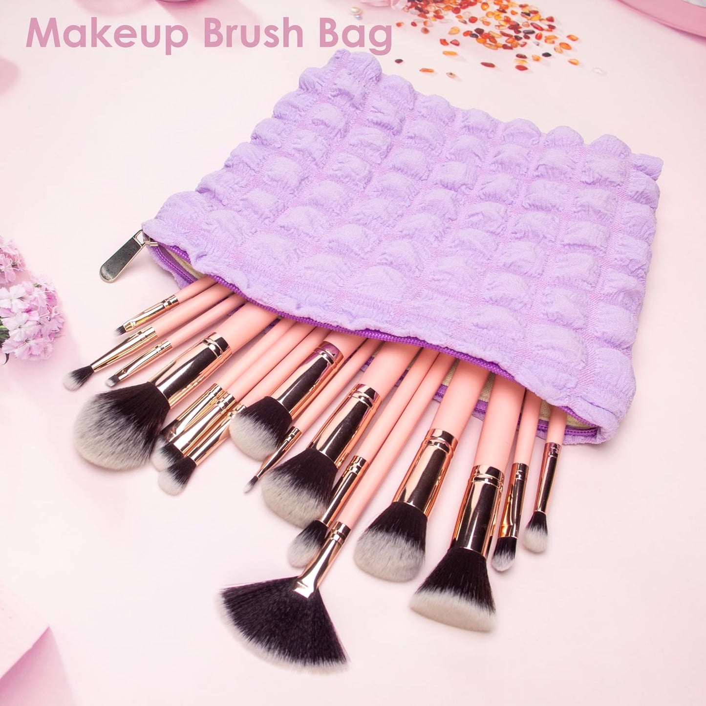 PAZIMIIK Floral Makeup Bag Large Cotton Zipper Pouch for Purse Travel Canvas Make Up Organizer for Women Cosmetic,Bubble Purple