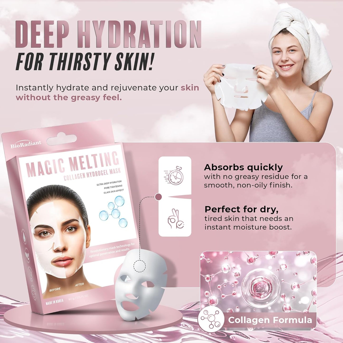 Magic Melting Face Mask - Collagen Ultra Hydrating Overnight Hydrogel Mask, Pore Minimizer For Face with Glass Skin Effect - Vegan, Clean Beauty, Made in Korea - Pack of 6