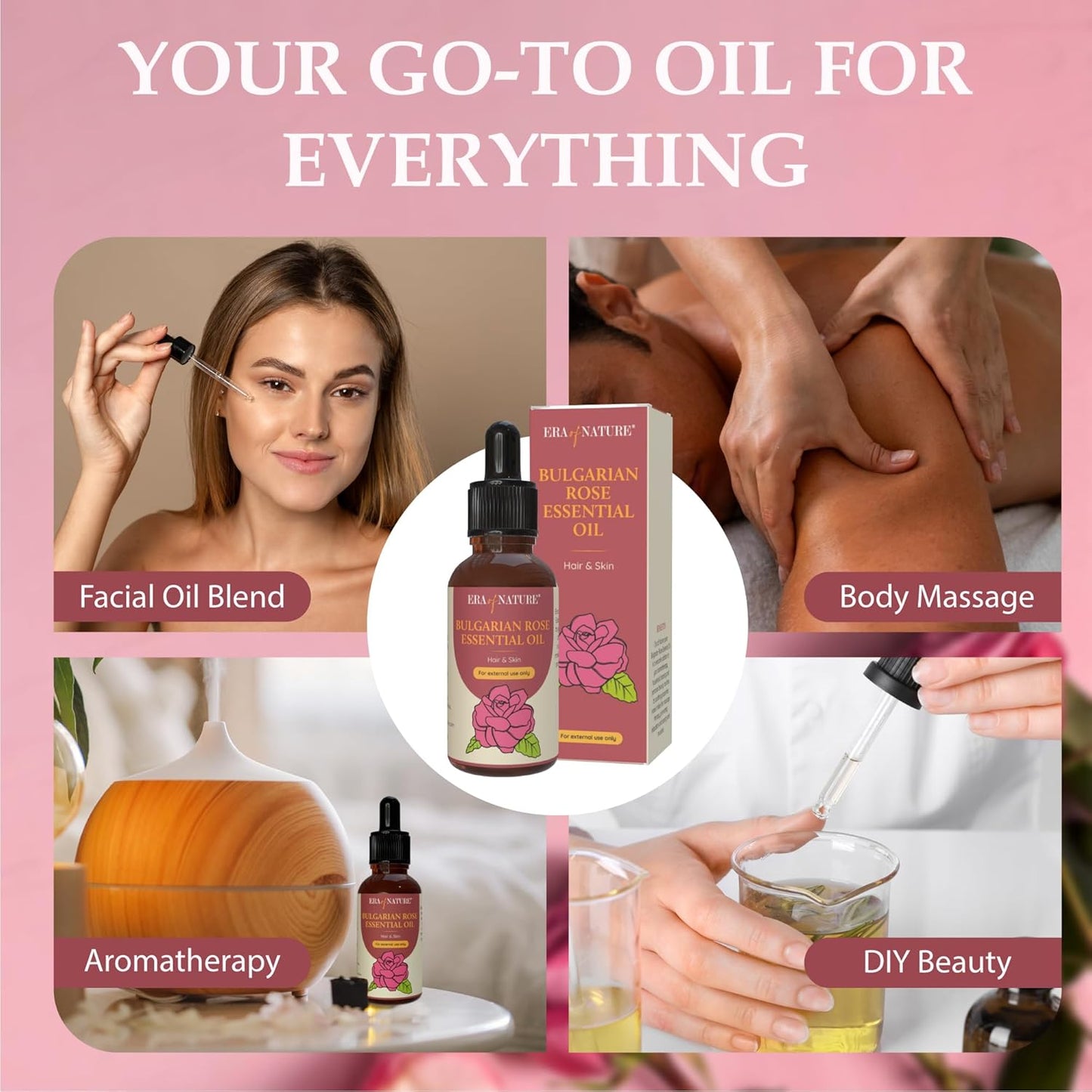 Era of Nature Bulgarian Rose Essential Oil - 100% Pure Rose Oil for Skincare, Hair, Diffusers & DIY Projects. Rich, Skin Care Body, Face and Stretch Marks Removal Cleanser, Perfume Oil - 1oz