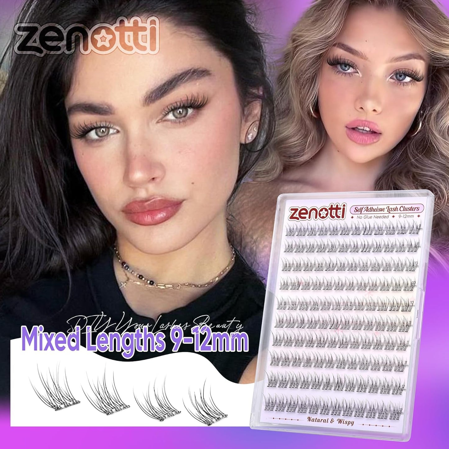 Natural Self Adhesive Clusters Lashes No Glue Self Adhesive Wispy Cluster Eyelashes Extensions Pre-glued Lashes Cluster Reusable C-Curly Individual Lashes 9-12mm Press on Lash by zenotti
