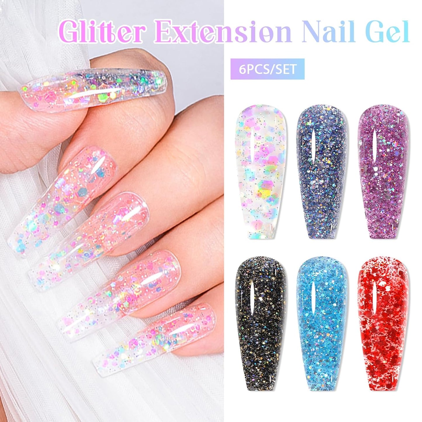 MEET ACROSS 20ML Poly Nail Gel Set - 6 Colors Glitter Sequins Extension Nails, Blue Black Red Purple Long Lasting, Shiny-looking, Strong Builder Enhancement for Salon Manicure DIY at Home