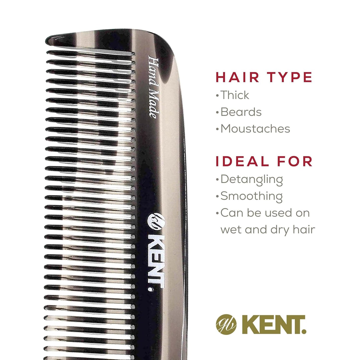 Kent 12T G Wide Tooth Detangling and Grooming Comb - Handmade Pocket Comb for Thick, Curly, Wavy Hair - Large Tooth Hair Detangler for Beard and Mustache - Saw-Cut and Hand Polished