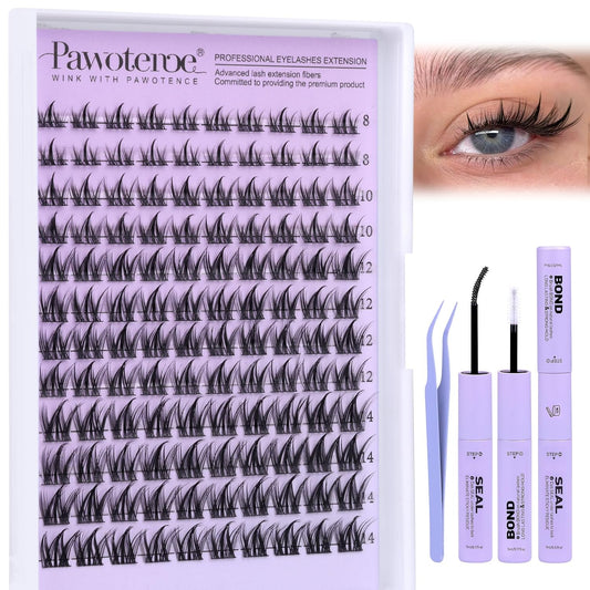 Pawotence Manga Lash Clusters Kit Fairy Eyelash Clusters 8-14mm Natural Lash Extension Kit Individual Lashes Cluster Wispy with Lash Bond and Seal, Tweezers Cluster Eyelash Extensions Kit