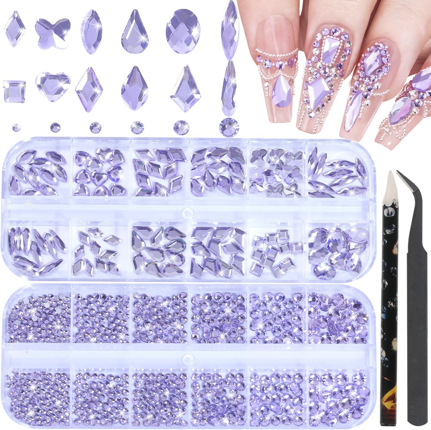Nail Rhinestones - 3D Multi Shape Size, Flat Back, Crystals Manicure Rhinestones Charms, Light Purple Nail Gems, with Kit, for Nail Art, Bedazzling Acrylic Nails, DIY Decor