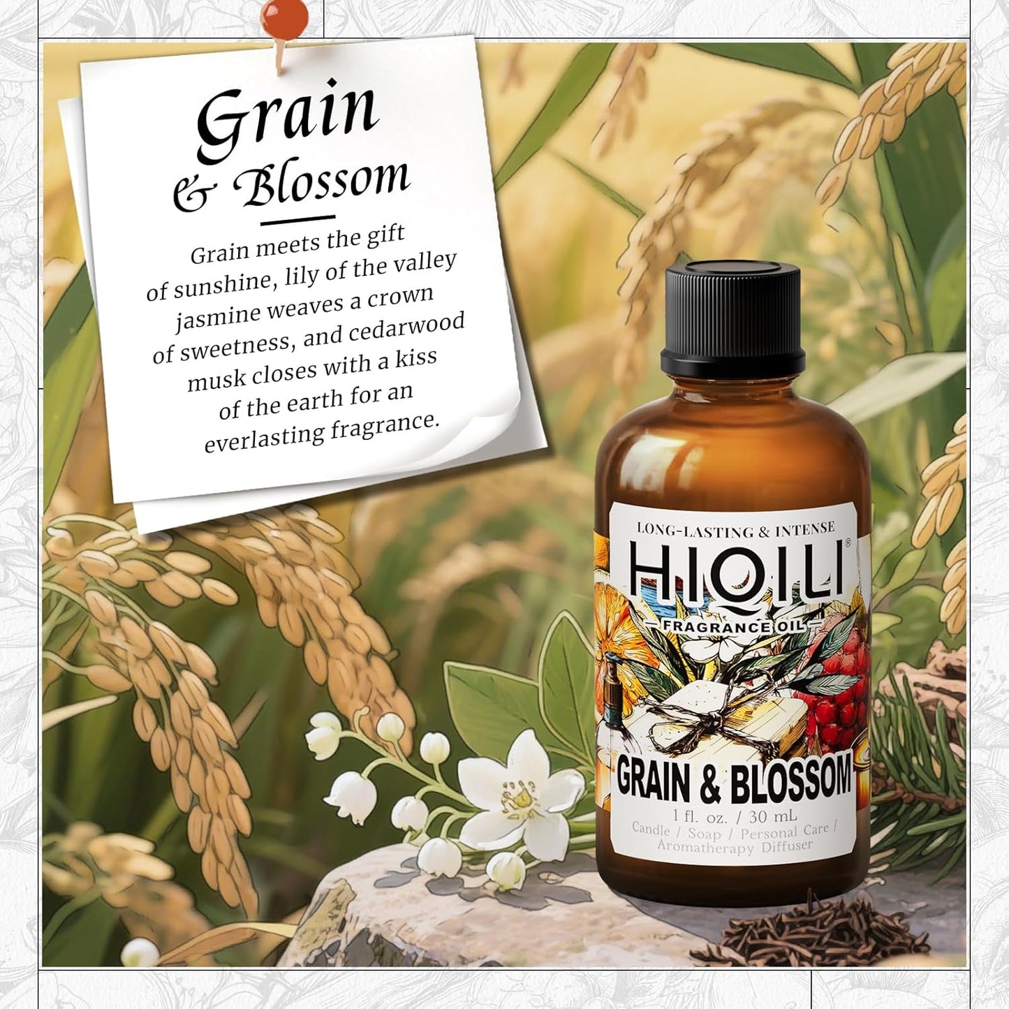 HIQILI Grain & Blossom Fragrance Oil for Diffuser, Candle, Solid Perfume Making, Fresh Floral Scents, Body & Skin Care - 1 Fl Oz