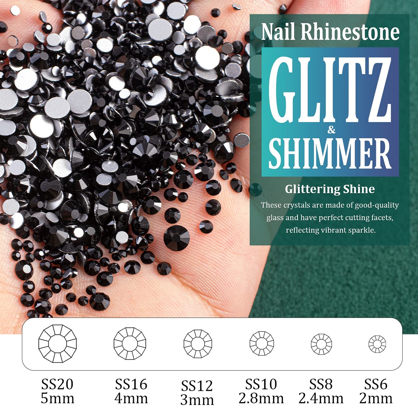 6 Sizes Black Glass Crystal Kit with Pickup Pen + Tweezer Tools for Shine Nail Art Manicure Makeup DIY Decoration Flatback Round Rhinestone Gem Jewelry Diamond