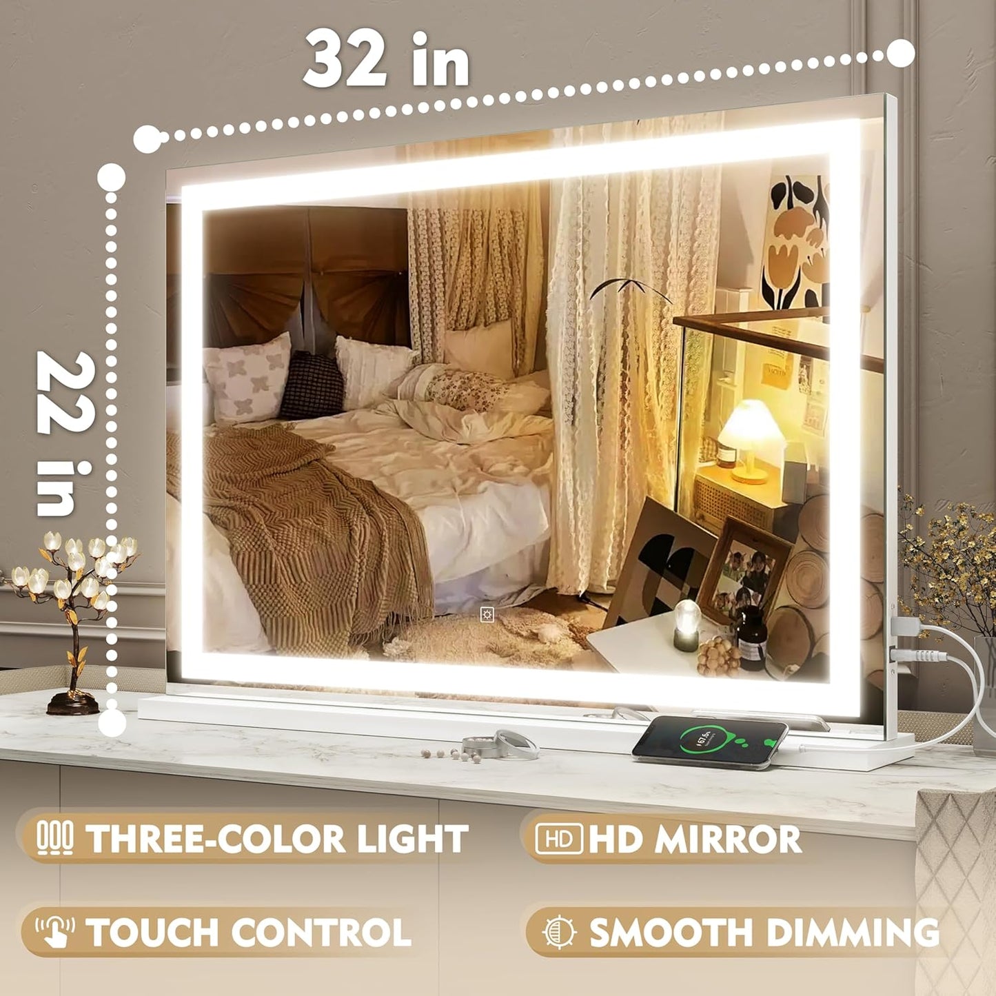Vanity Mirror with Lights, 32" x 22" Large Lighted Vanity Mirror with Dimmable 3 Modes, LED Makeup Mirror, USB Charging Port, Tabletop or Wall-Mounted Square White