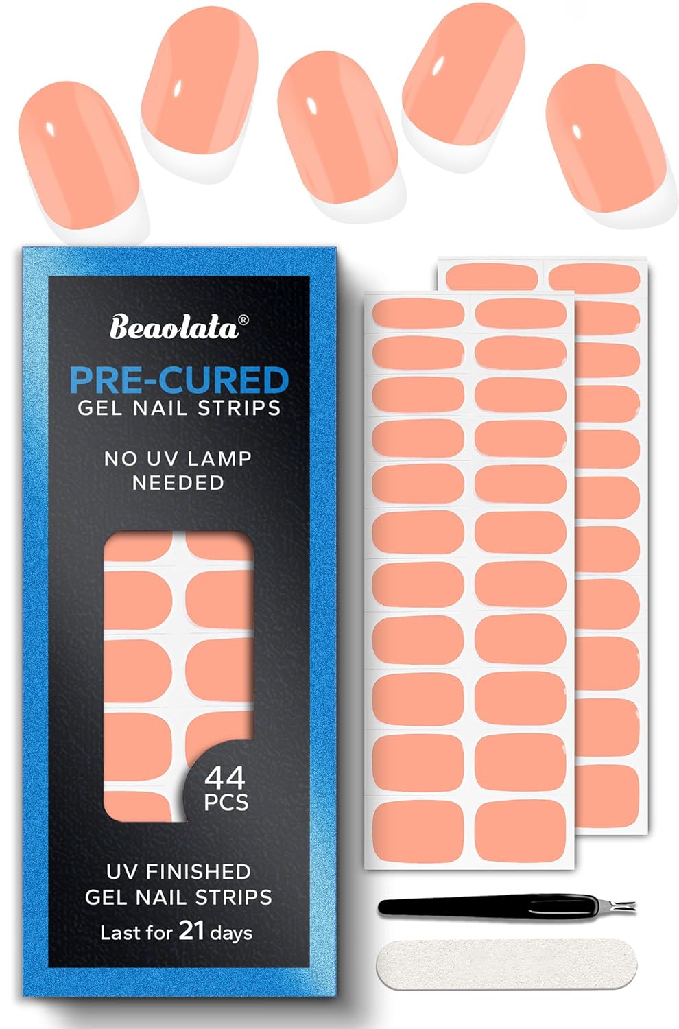 Pre Cured Gel Nail Strips - 44PCS Salon Quality Gel Nail Stickers - Long Lasting Polish Wraps for Women no UV Light Needed Easy Apply& Remove (Marigold Orange）