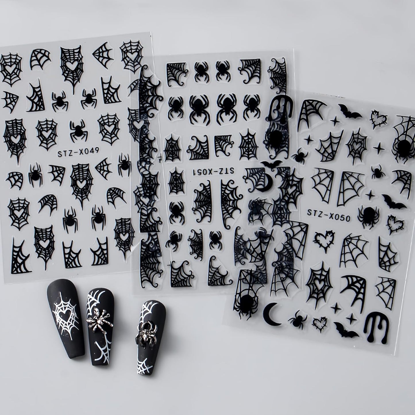 8 Sheets Halloween Nail Art Stickers 3D Spider Web Nail Decals Scary Black Spider Skull Bat Ghost Designs Nail Stickers Black White Halloween Nail Decoration for Women Girls DIY Nails Art Decoration