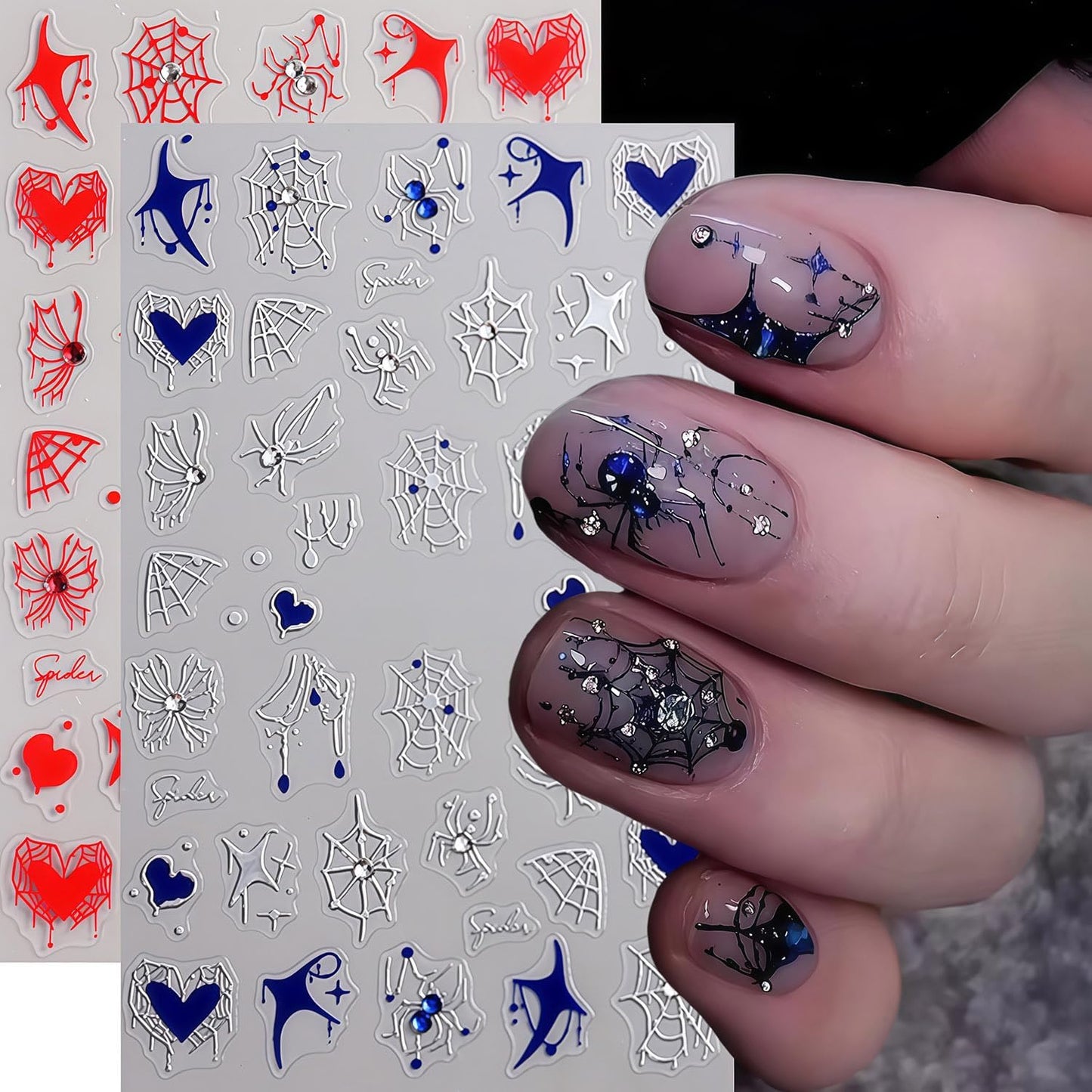 Halloween Spider Web Nail Stickers 3D Self-Adhesive Rhinestone Spider Butterfly Nail Decals Red Blue White Heart Spider Web Pattern Design Nail Sticker for Women Halloween Holiday DIY Manicure