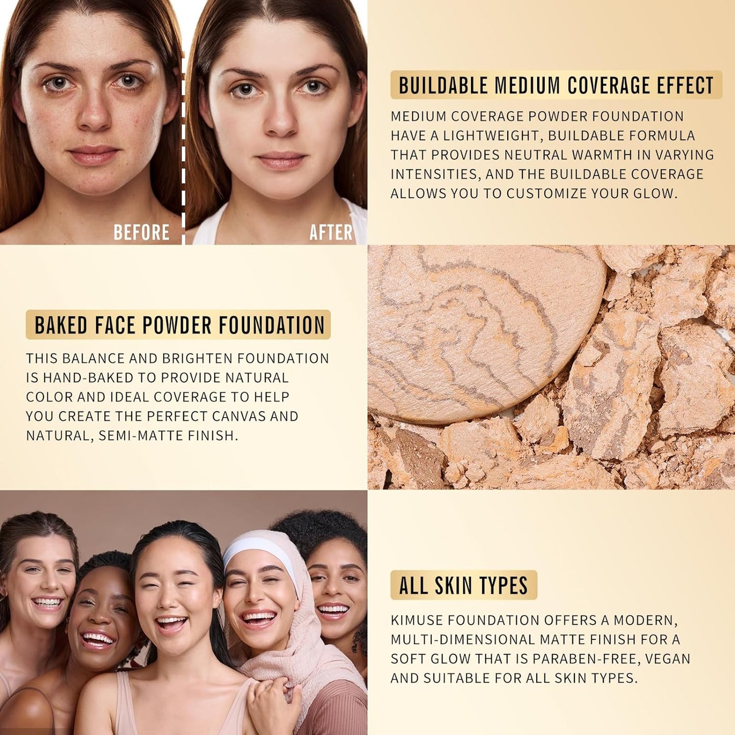 KIMUSE Baked Foundation - Brighten Color Correcting Powder Foundation for Mature Skin, Buildable Coverage, Radiant Natural Finish
