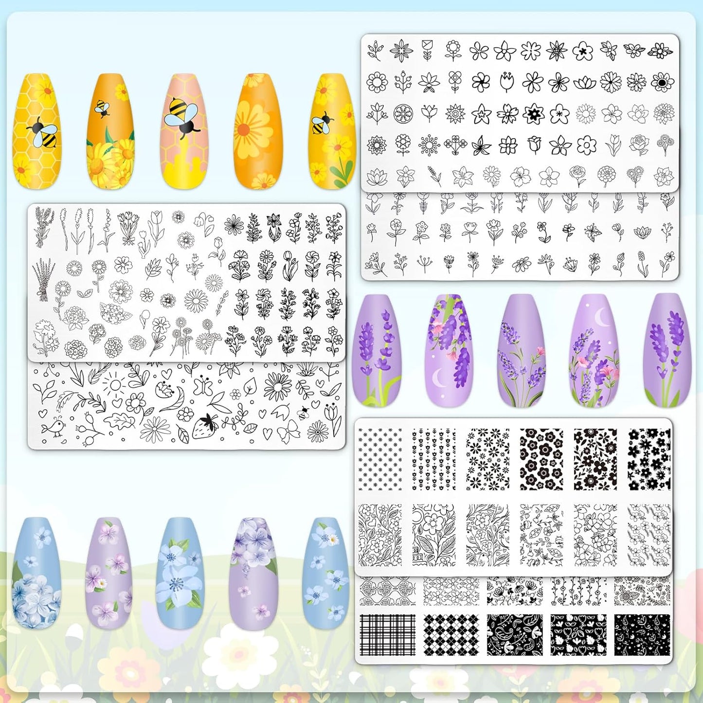 Whaline 6Pcs Spring Summer Floral Nail Plates Stamping Set Flower Leaves Stamp Templates Nail Art Plates for DIY Print Manicure Salon Design