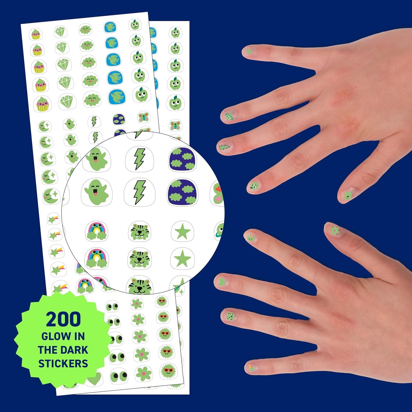 Omy Glow in The Dark Nail Stickers for Kids - 200 Stickers, Waterproof, Durable, Fun, Creative Designs | Strong Enough to Last Through Hand Washing - Easy to Apply, Safe, Non-Toxic | Age 3 and Up