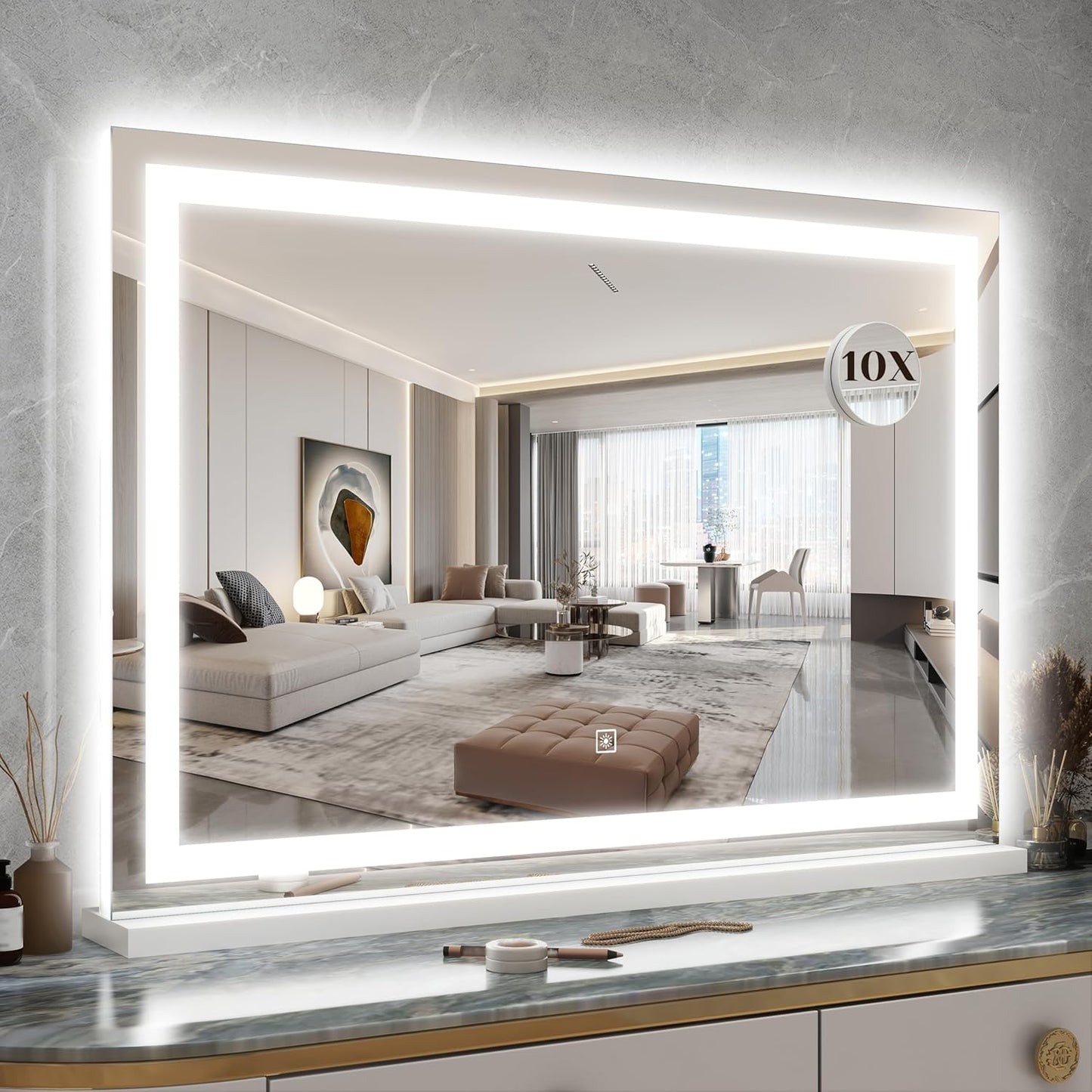 31" x 22" Large Lighted Vanity Mirror with Lights, Dimmable 3 Modes, LED Makeup Mirror for Bathroom ＆ Dressing Room, Tabletop or Wall-Mounted, 10X Magnification, White