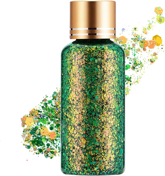 Green Gold Face Body Hair Glitter Gel for St. Patrick's Day Mardi Gras Festival Rave Accessories, Long Lasting Holographic Chunky Mermaid Sequins Glitter Gel Makeup for Women Men Kids, 1oz