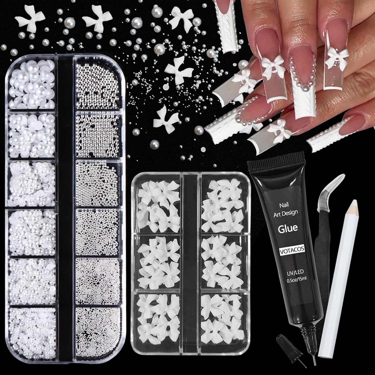 Nail Art Charms White Bow Nail Rhinestones with Glue Gel Flatback Pearls Luxurious Nails Gems Supplies Accessories White Silver Jewelry Pearls for Women Nails DIY Design