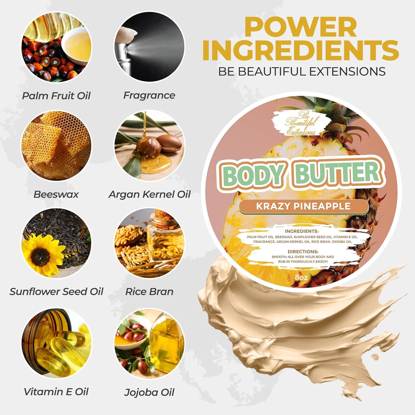 body butter krazy pineapple scent long -lasting fragrance,hydrate skin jojoba oil and more 8oz