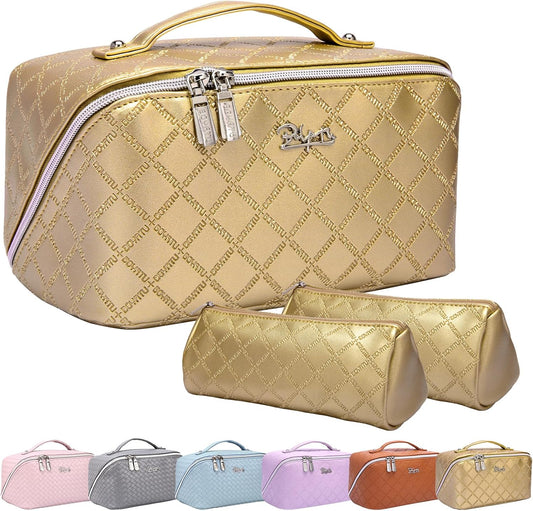 BOYATU Travel Makeup Bags Cosmetic Organizer Bag: 3-Set Large Capacity Make up Bag - PU Leather Toiletry Bags for Women - Wide Open Portable Pouch with Divider & Handle (07-Gold)