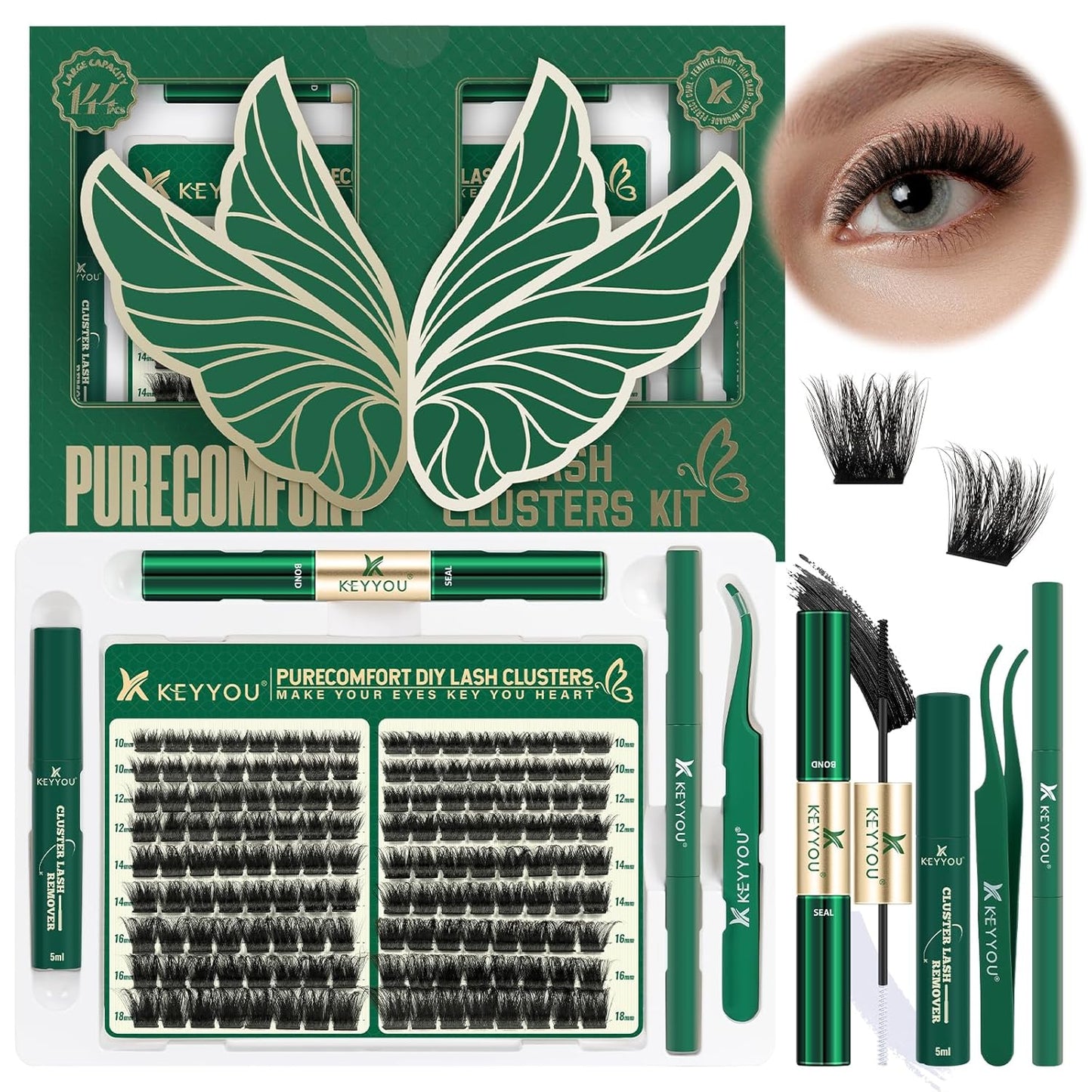 KEYYOU Lash Extension Kit 144pcs Thick Super Soft Lash Clusters,10-18mm D Curl Individual Lashes Kit with Bond and Seal Applicator and Brush Remover Easy to DIY at Home（PC03Kit-D-10-18MIX）